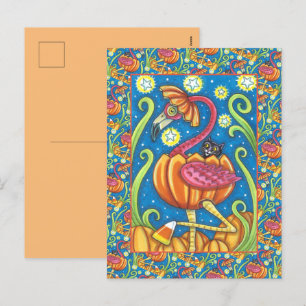 HALLOWEEN PINK FLAMINGO & BLACK CAT IN PUMPKIN HOLIDAY POSTCARD