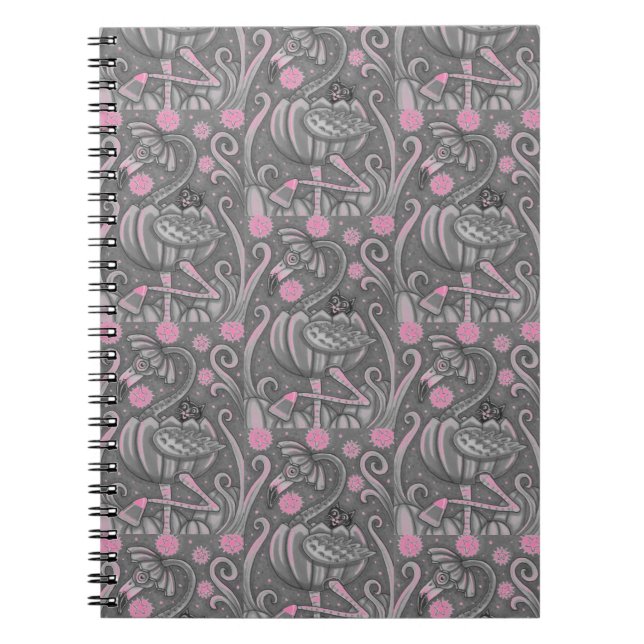 HALLOWEEN PINK FLAMINGO & BLACK CAT IN PUMPKIN, NOTEBOOK (Front)