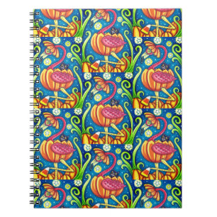 HALLOWEEN PINK FLAMINGO & BLACK CAT IN PUMPKIN, NOTEBOOK