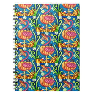 HALLOWEEN PINK FLAMINGO & BLACK CAT IN PUMPKIN, NOTEBOOK