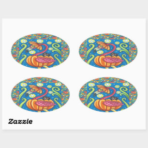 HALLOWEEN PINK FLAMINGO & BLACK CAT IN PUMPKIN OVAL STICKER