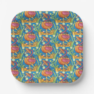 HALLOWEEN PINK FLAMINGO & BLACK CAT IN PUMPKIN PAPER PLATE