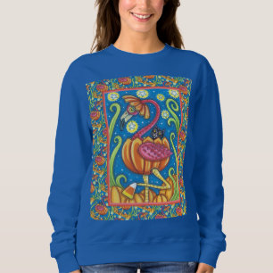 HALLOWEEN PINK FLAMINGO & BLACK CAT IN PUMPKIN SWEATSHIRT