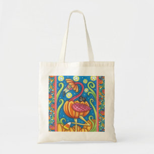 HALLOWEEN PINK FLAMINGO & BLACK CAT IN PUMPKIN TOTE BAG