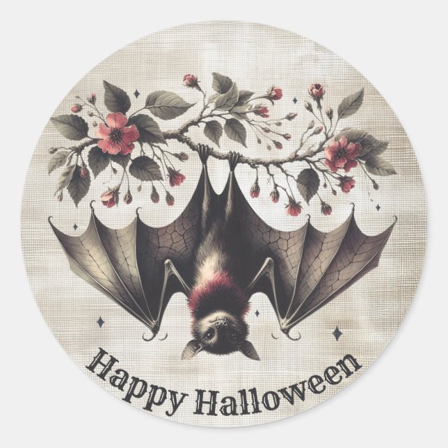 Halloween Pink Flowers Evil Bat Green Leaves Classic Round Sticker (Front)