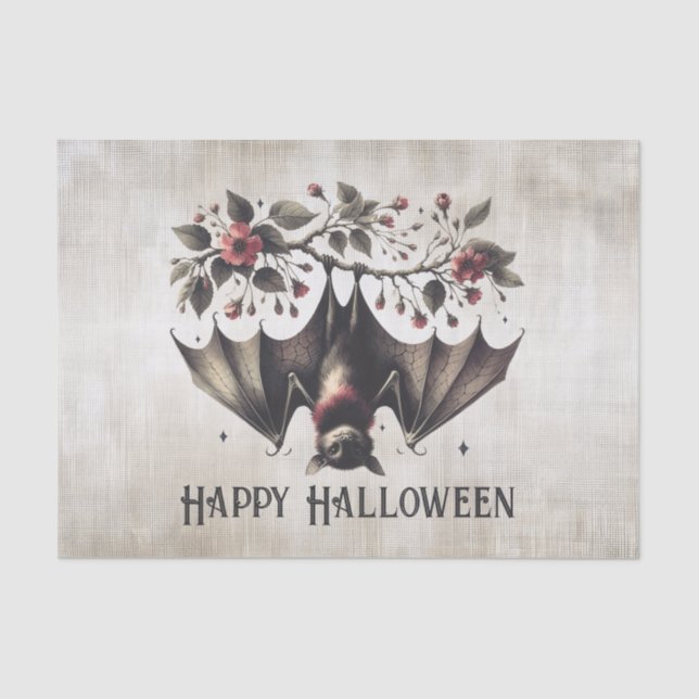 Halloween Pink Flowers Evil Bat Green Leaves Tissue Paper (Front)