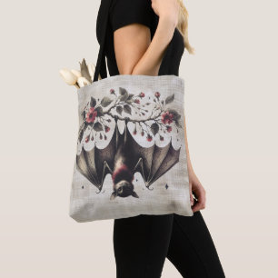 Halloween Pink Flowers Evil Bat Green Leaves Tote Bag