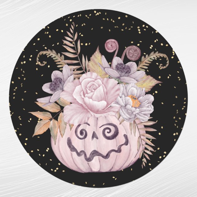 Halloween Pink Pumpkin Floral Classic Round Sticker (Creator Uploaded)