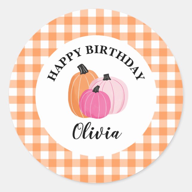Halloween Pink Pumpkins Orange Plaid Birthday Classic Round Sticker (Front)