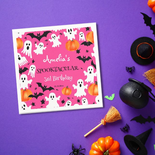 Halloween pink spooky spooktacular birthday party napkin (Pink Halloween party tableware personalized napkins birthday napkins cute ghosts bats pumpkins pink)