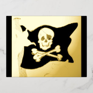 Halloween Pirate Flag & Ghosts Gold Foil Postcard