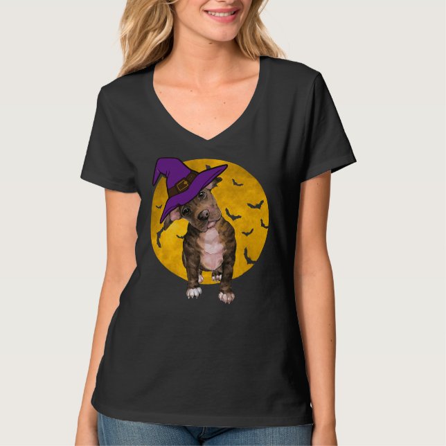 Halloween Pitbull Witch Hat Funny T-Shirt (Front)