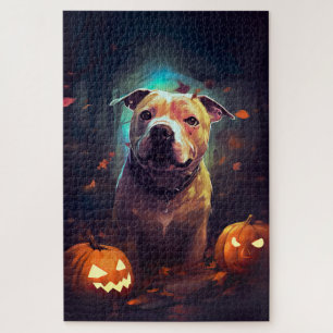 Halloween Pitbull With Pumpkins Scary  Jigsaw Puzzle
