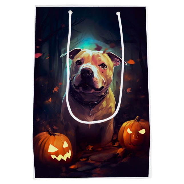 Halloween Pitbull With Pumpkins Scary  Medium Gift Bag (Back)