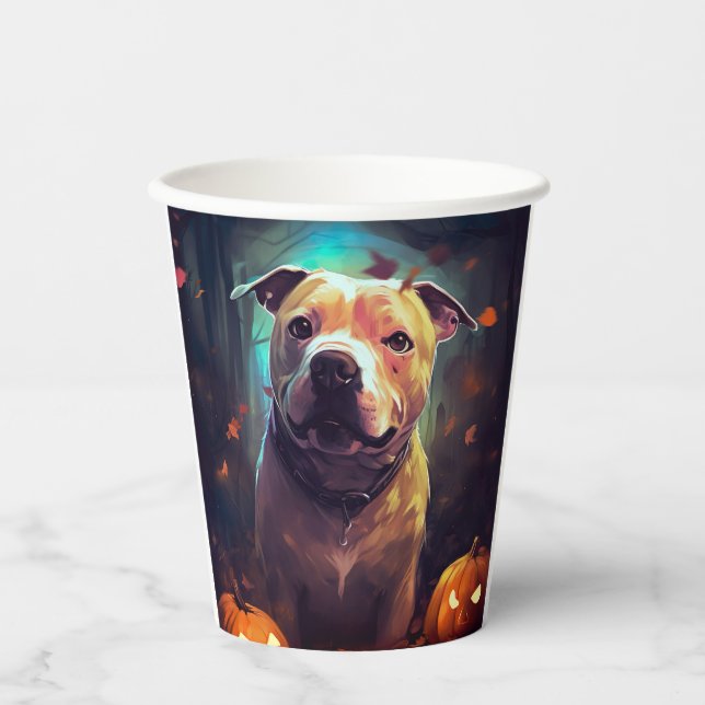 Halloween Pitbull With Pumpkins Scary  Paper Cups (Front)