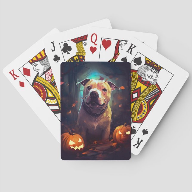 Halloween Pitbull With Pumpkins Scary  Playing Cards (Back)