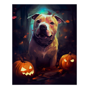 Halloween Pitbull With Pumpkins Scary Poster