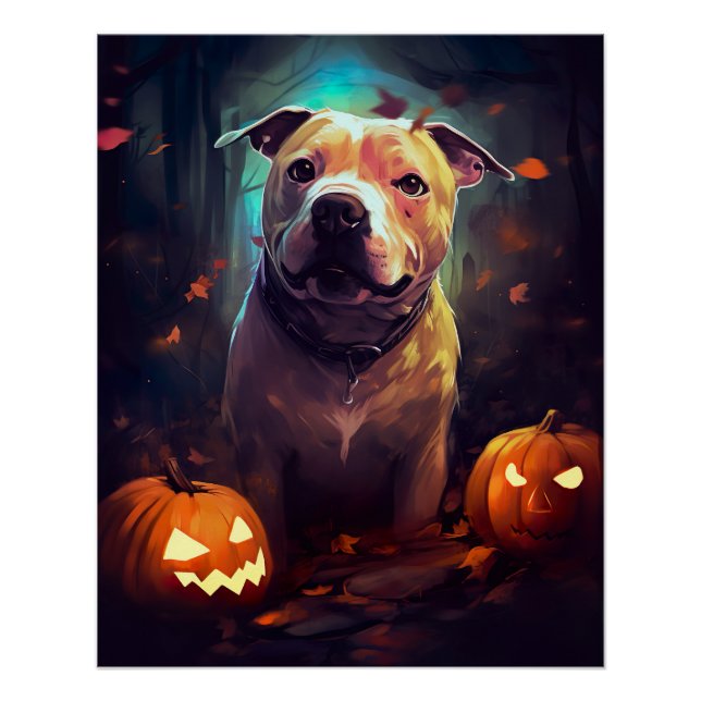 Halloween Pitbull With Pumpkins Scary  Poster (Front)