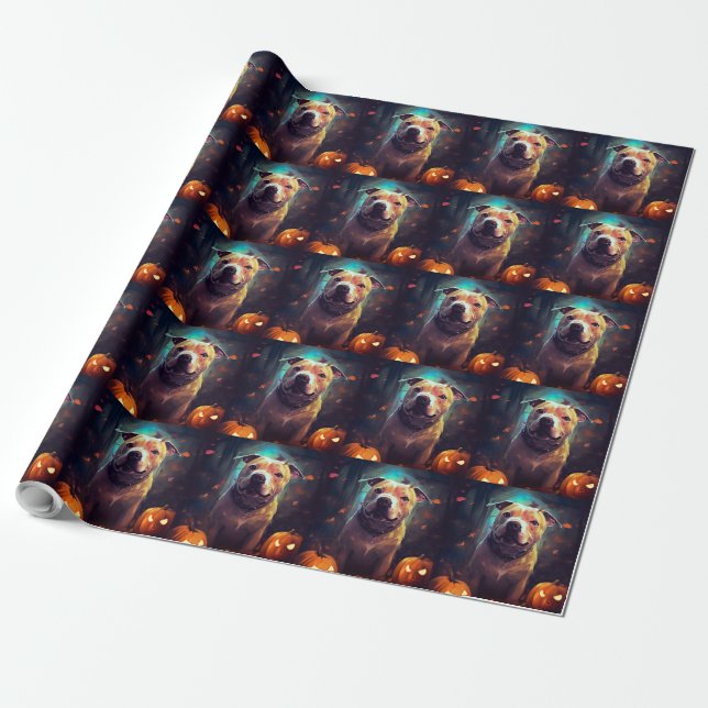 Halloween Pitbull With Pumpkins Scary  Wrapping Paper (Unrolled)