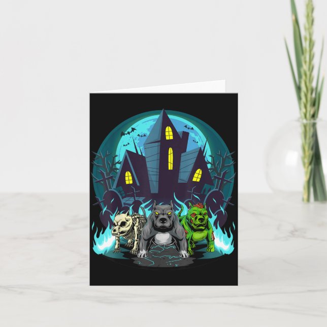 Halloween Pitbulls Zombie Skeleton Black Pitbull Card (Front)
