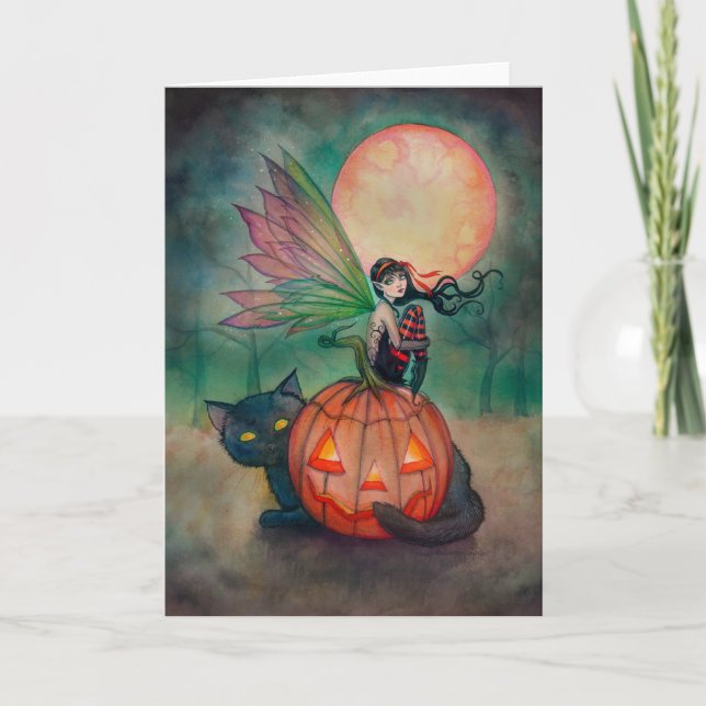 Halloween Pixie Fairy and Black Cat Fantasy Art Card (Front)