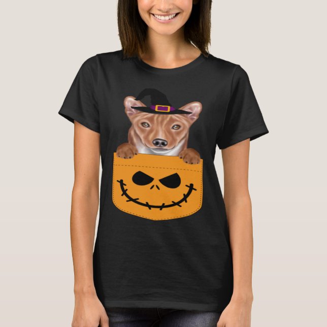 Halloween Pocket Basenji Scary Jack O Lantern T-Shirt (Front)