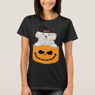 Halloween Pocket Maltese Scary Jack O Lantern T-Shirt