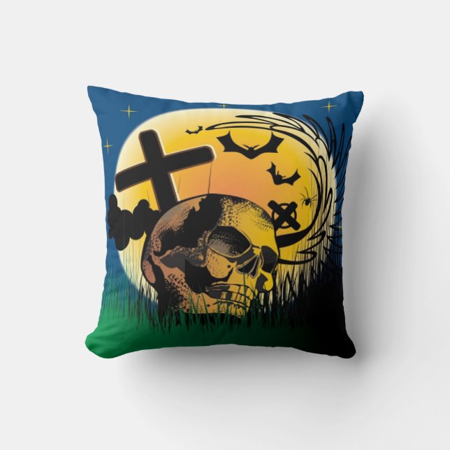 Halloween Polyester Throw Pillow/Spooky Scene Cushion (Front)