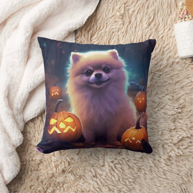 Halloween Pomeranian With Pumpkins Scary  Cushion (Blanket)