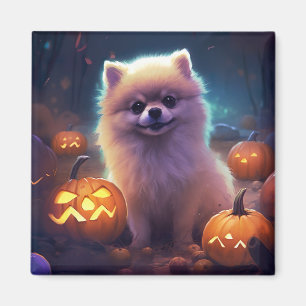 Halloween Pomeranian With Pumpkins Scary  Magnet