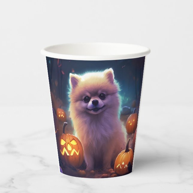 Halloween Pomeranian With Pumpkins Scary  Paper Cups (Front)
