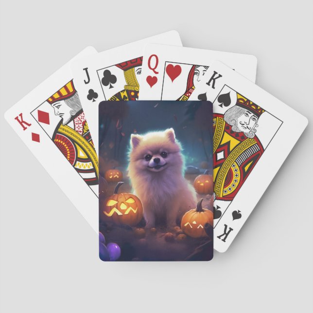 Halloween Pomeranian With Pumpkins Scary  Playing Cards (Back)