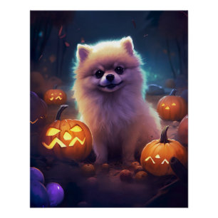 Halloween Pomeranian With Pumpkins Scary Poster