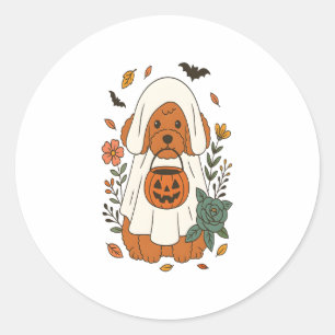 Halloween Poodle with Fall Flowers Classic Round Sticker