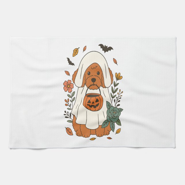 Halloween Poodle with Fall Flowers Tea Towel (Horizontal)