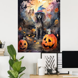 Halloween Poodle With Pumpkins Scary Poster