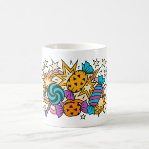 Halloween pop art candy mug, colourful comic style coffee mug