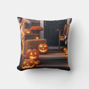 Halloween Porch & Carved Pumpkins Cushion