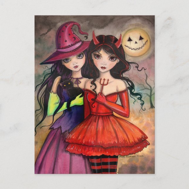 Halloween Postcard Gothic Witch and Devil Art (Front)