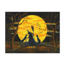Halloween, postcard,witch,black,cats,bats,owl