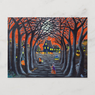 Halloween postcard,witches,village,cauldron,snake postcard