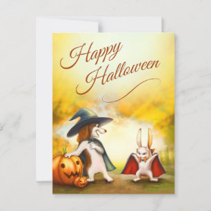 Halloween Postcard with cute animals