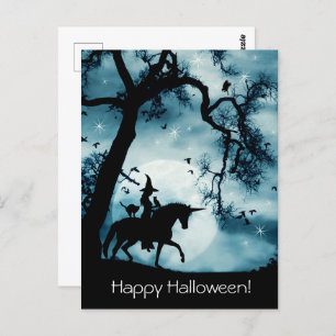 Halloween Postcard with Witch Unicorn Familiars