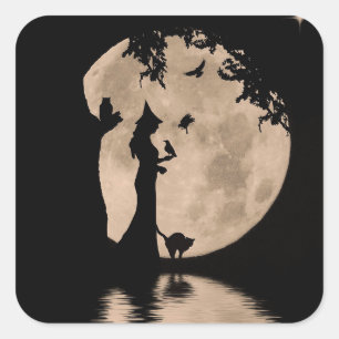 Halloween Pretty Witch and Familiars Cat Owl Raven Square Sticker