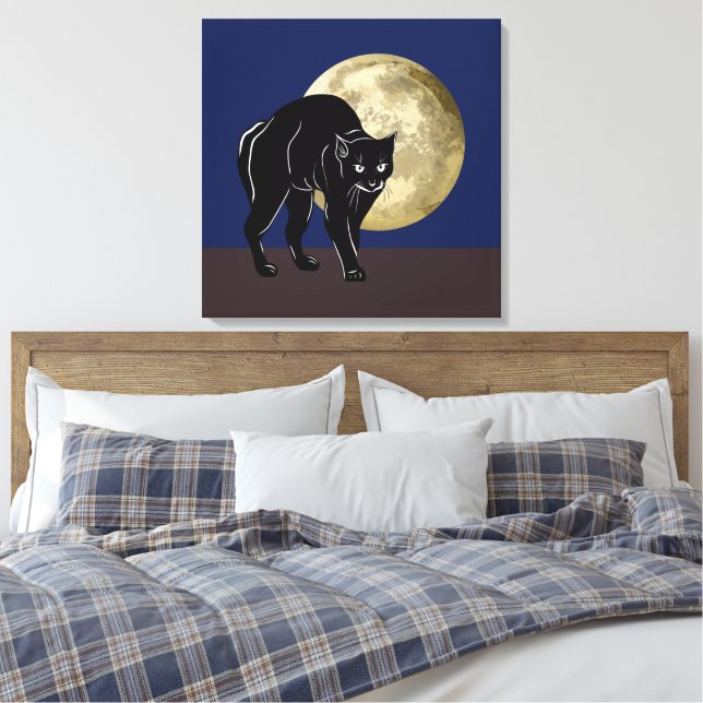 Halloween Prowling Black Cat On A Full Moon Night Canvas Print (Insitu(Bedroom))