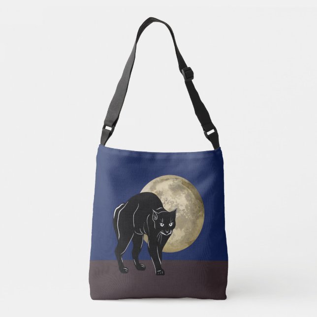 Halloween Prowling Black Cat On A Full Moon Night Crossbody Bag (Back)