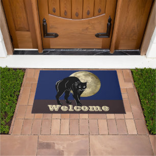 Halloween Prowling Black Cat On A Full Moon Night Doormat
