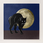 Halloween Prowling Black Cat On A Full Moon Night  Jigsaw Puzzle<br><div class="desc">Jigsaw Puzzle tabletop hobby craft and decorative wall hanging art decor printed with a Halloween Prowling Black Cat On A Full Moon Night hand drawn graphic artwork drawing design illustration by TheFabricSeal print on demand shop at Zazzle.com #ZazzleMade ©️Original. https://www.zazzle.com/store/thefabricseal This Halloween classic looking vintage yet modern contemporary style art...</div>