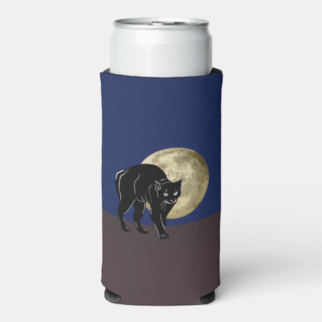 Halloween Prowling Black Cat On A Full Moon Night Seltzer Can Cooler (Seltzer Front)