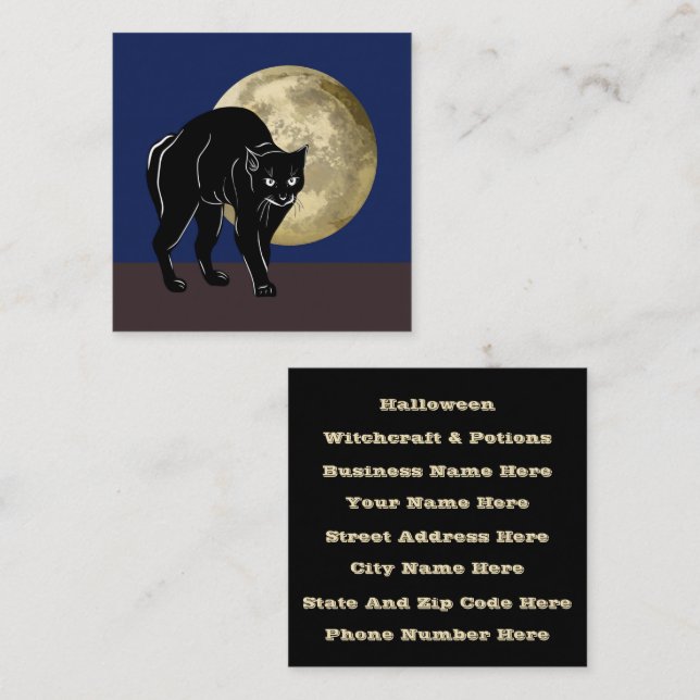 Halloween Prowling Black Cat On A Full Moon Night Square Business Card (Front/Back)